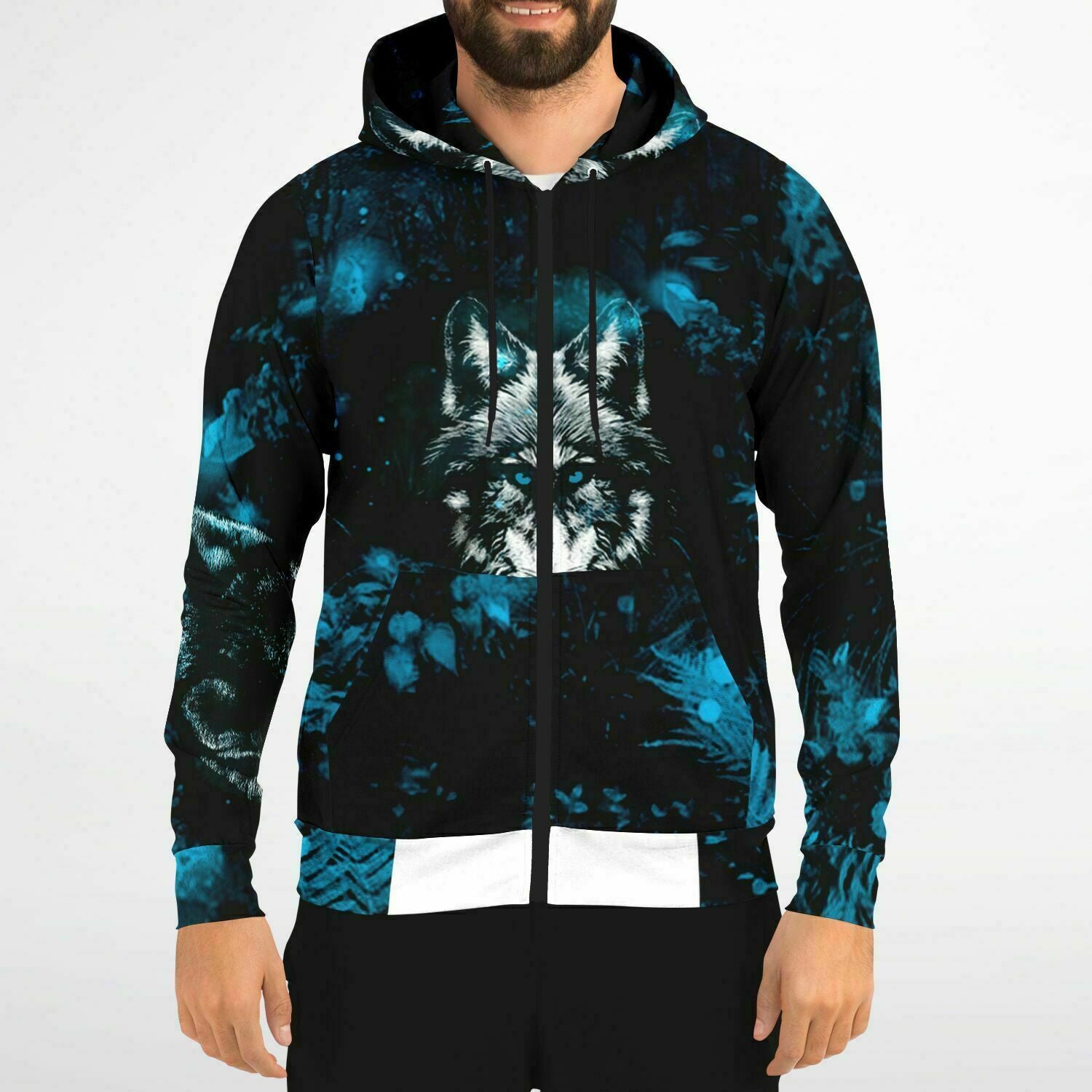 Blue Wolf Zip-Up Hoodie for MenSeves-ArtBlue Wolf Zip-