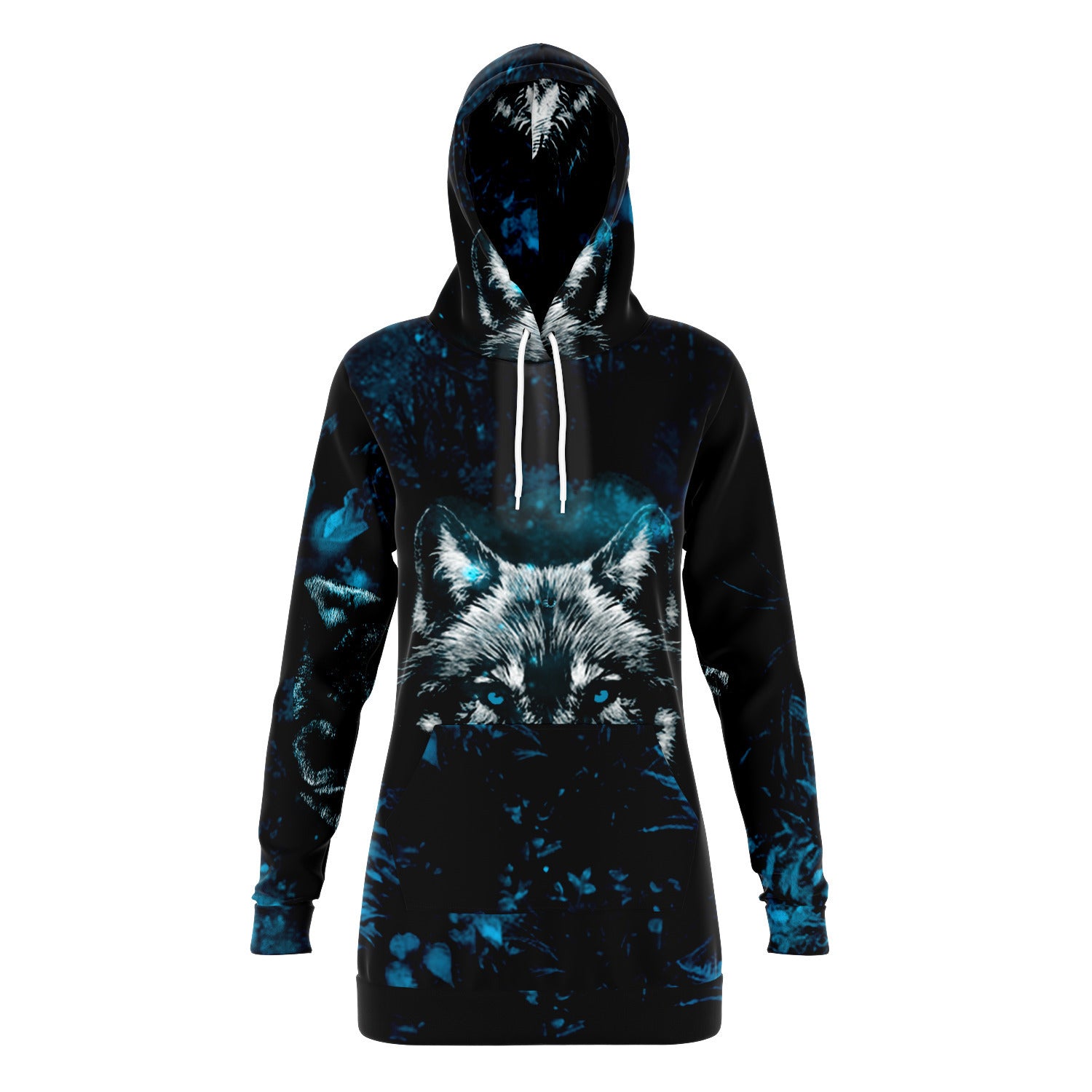 Blue Wolf Longline Hoodie for WomenSeves-ArtBlue Wolf Longline Hoodie