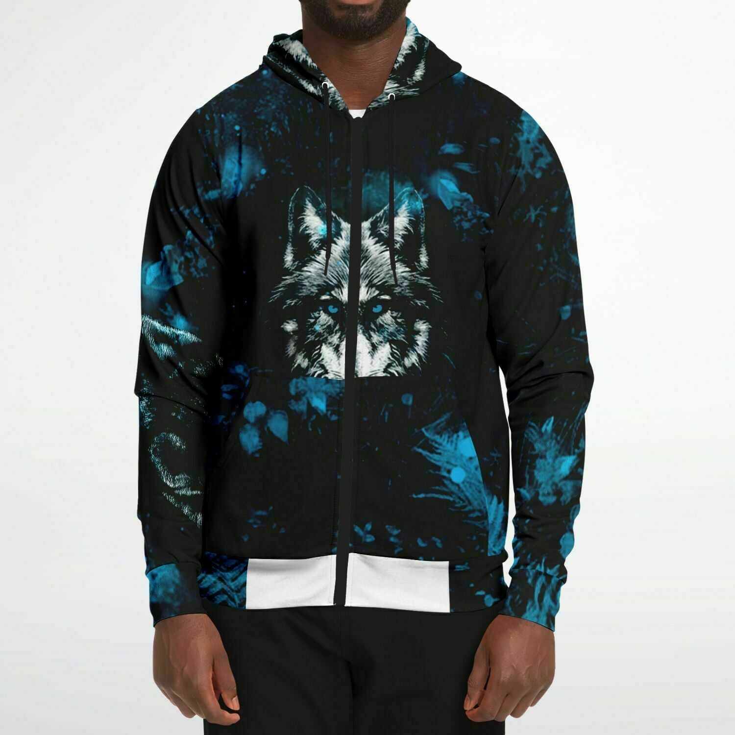 Blue Wolf Zip-Up Hoodie for MenSeves-ArtBlue Wolf Zip-