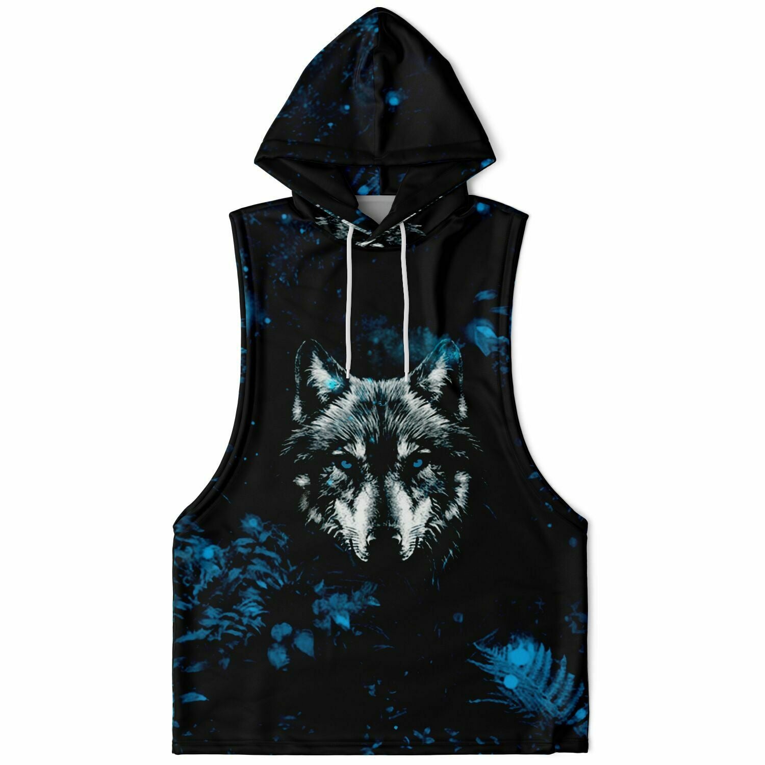 Fashion Blue Wolf Drop Armhole Hoodie for MenSeves-ArtFashion Blue Wolf Drop Armhole Hoodie