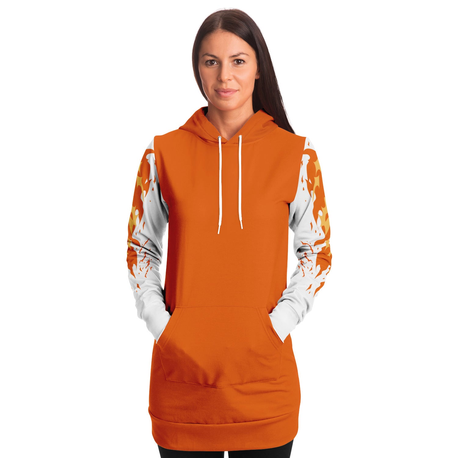 Fashion Flame Orange Longline Hoodie for WomenSeves-ArtFashion Flame Orange Longline Hoodie