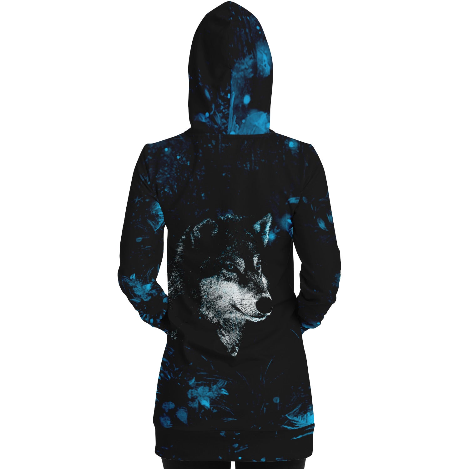 Blue Wolf Longline Hoodie for WomenSeves-ArtBlue Wolf Longline Hoodie