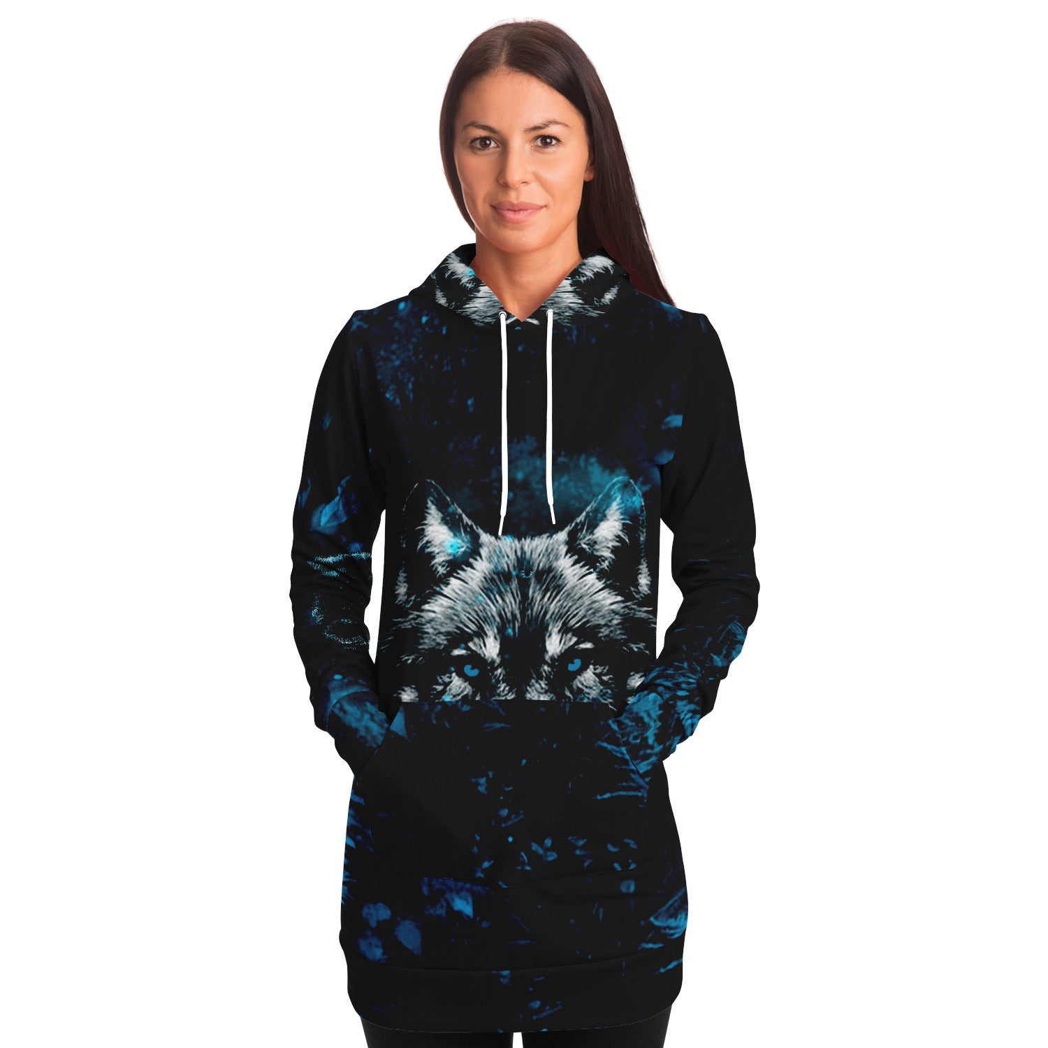 Blue Wolf Longline Hoodie for WomenSeves-ArtBlue Wolf Longline Hoodie