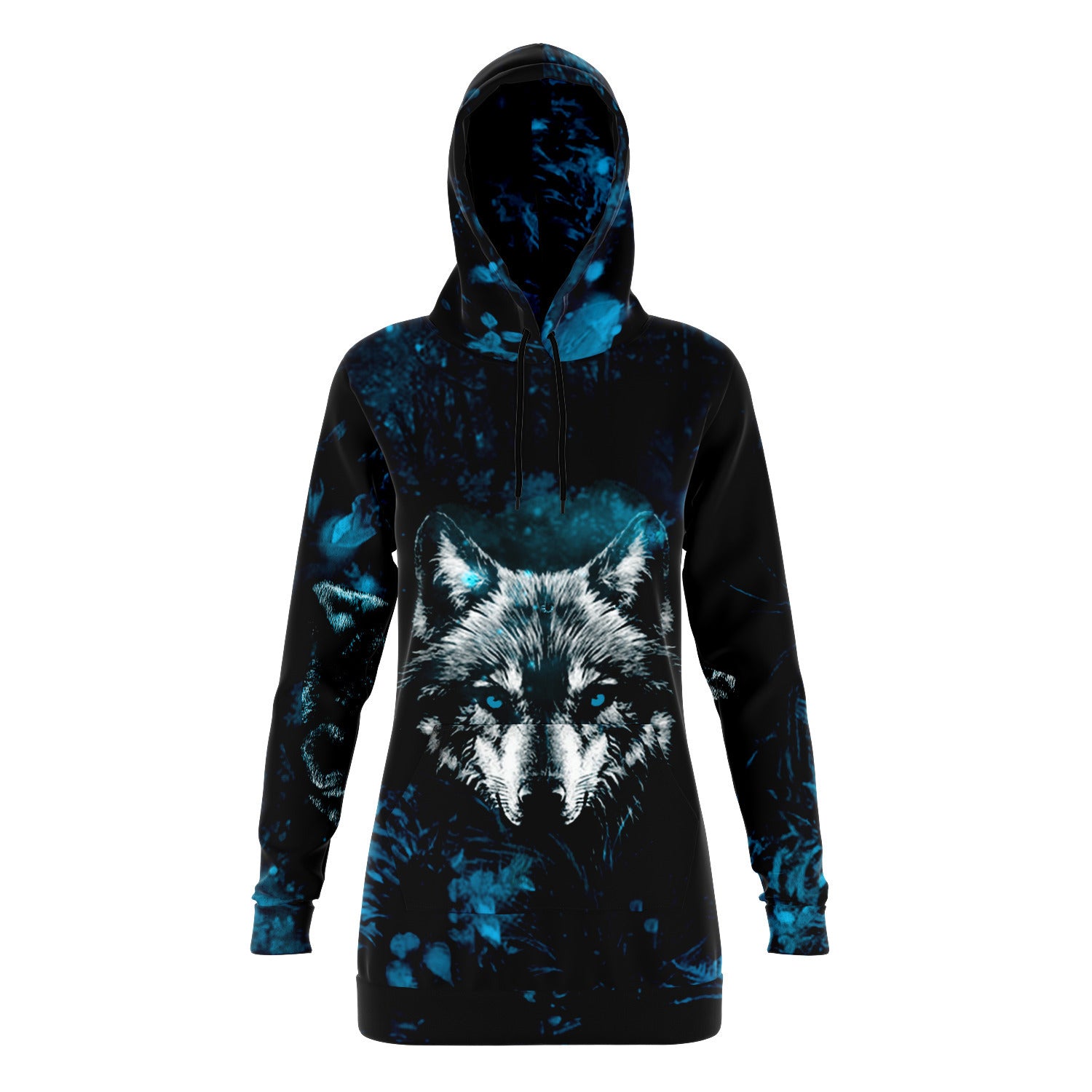 Fashion Blue Wolf Longline Hoodie for WomenSeves-ArtFashion Blue Wolf Longline Hoodie