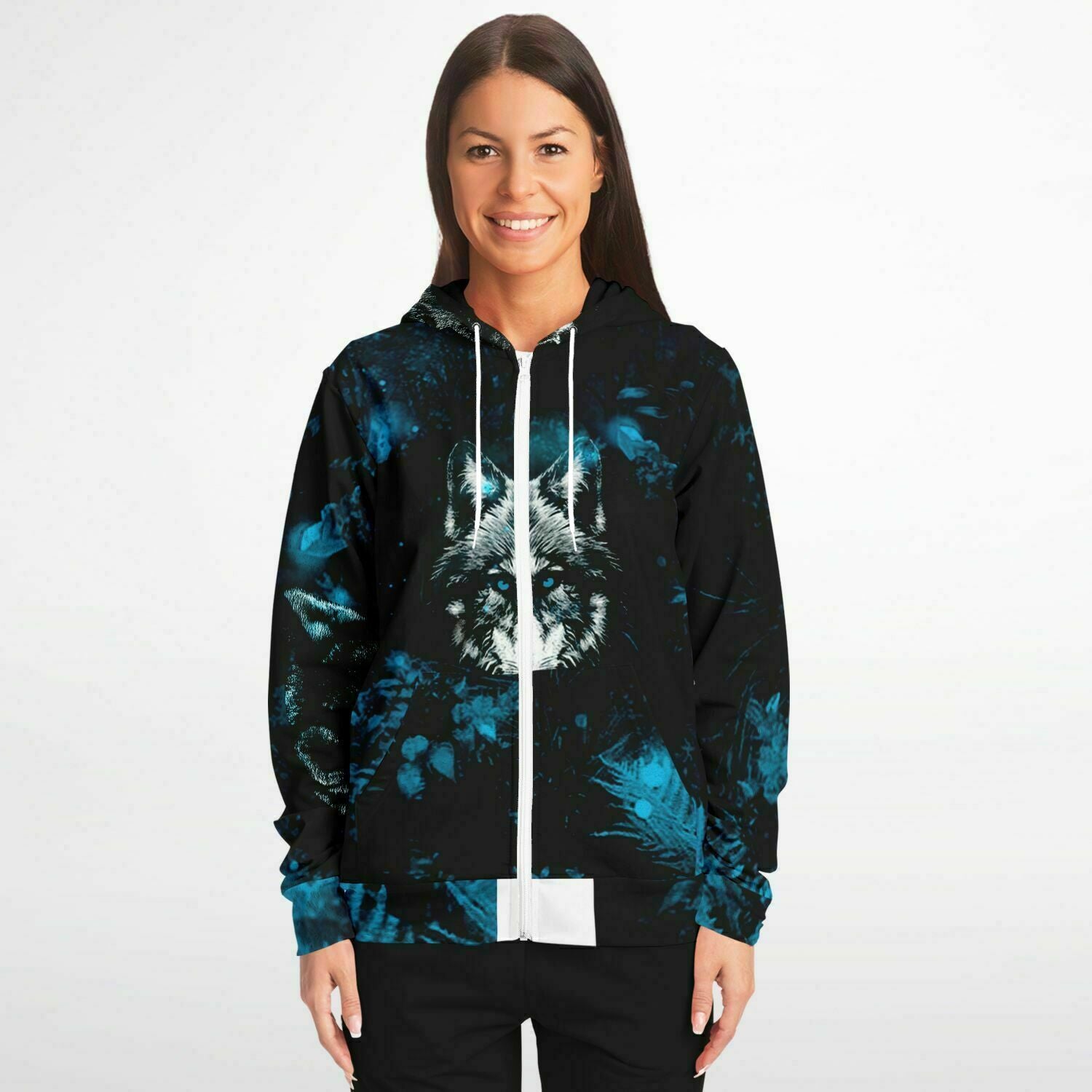 Blue Wolf Zip-Up Hoodie for WomenSeves-ArtBlue Wolf Zip-