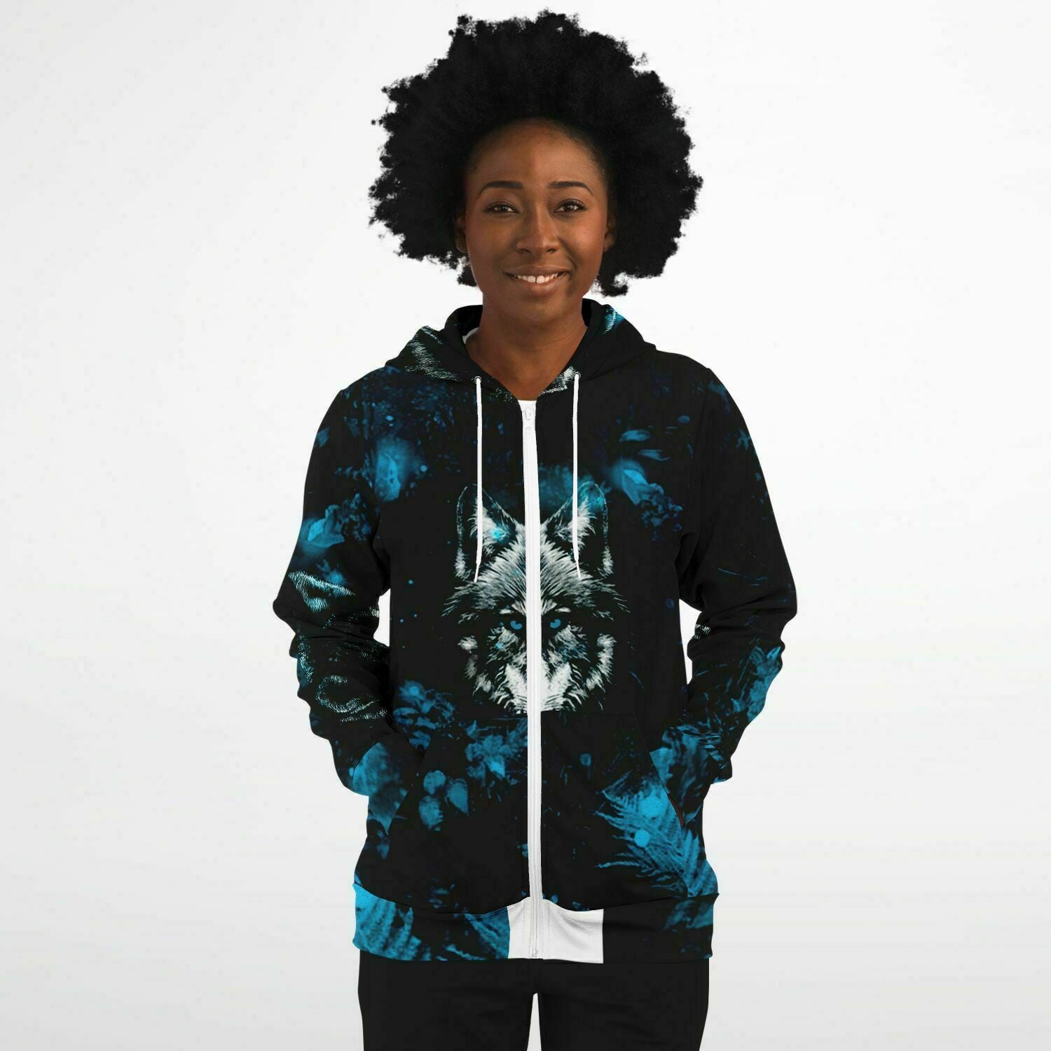 Blue Wolf Zip-Up Hoodie for WomenSeves-ArtBlue Wolf Zip-