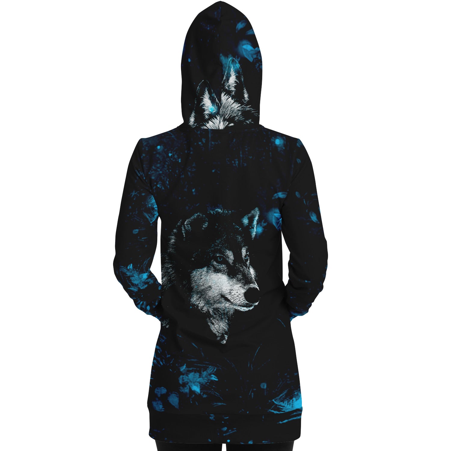 Fashion Blue Wolf Longline Hoodie for WomenSeves-ArtFashion Blue Wolf Longline Hoodie