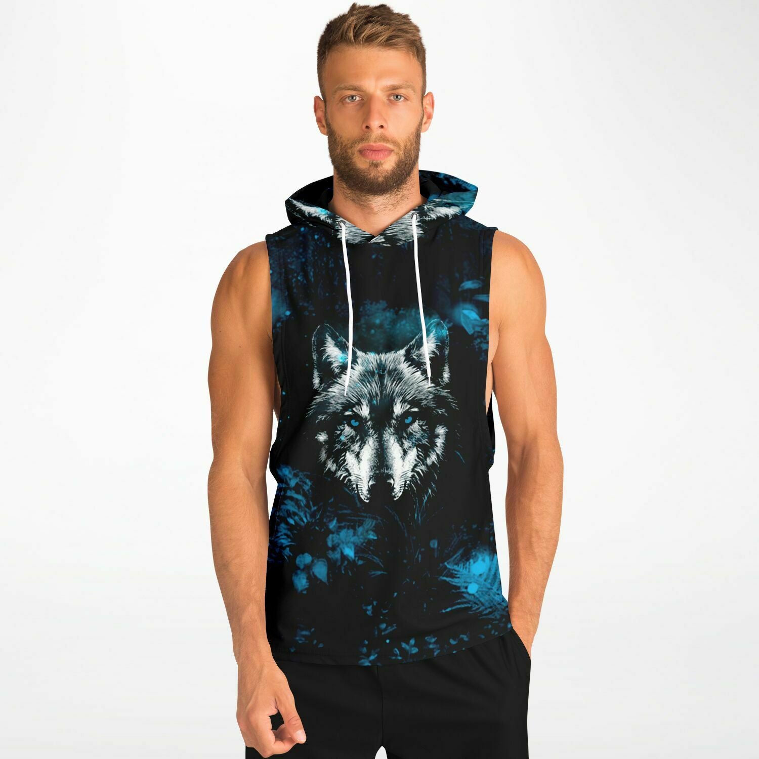 Blue Wolf Drop Armhole Hoodie for MenSeves-ArtBlue Wolf Drop Armhole Hoodie