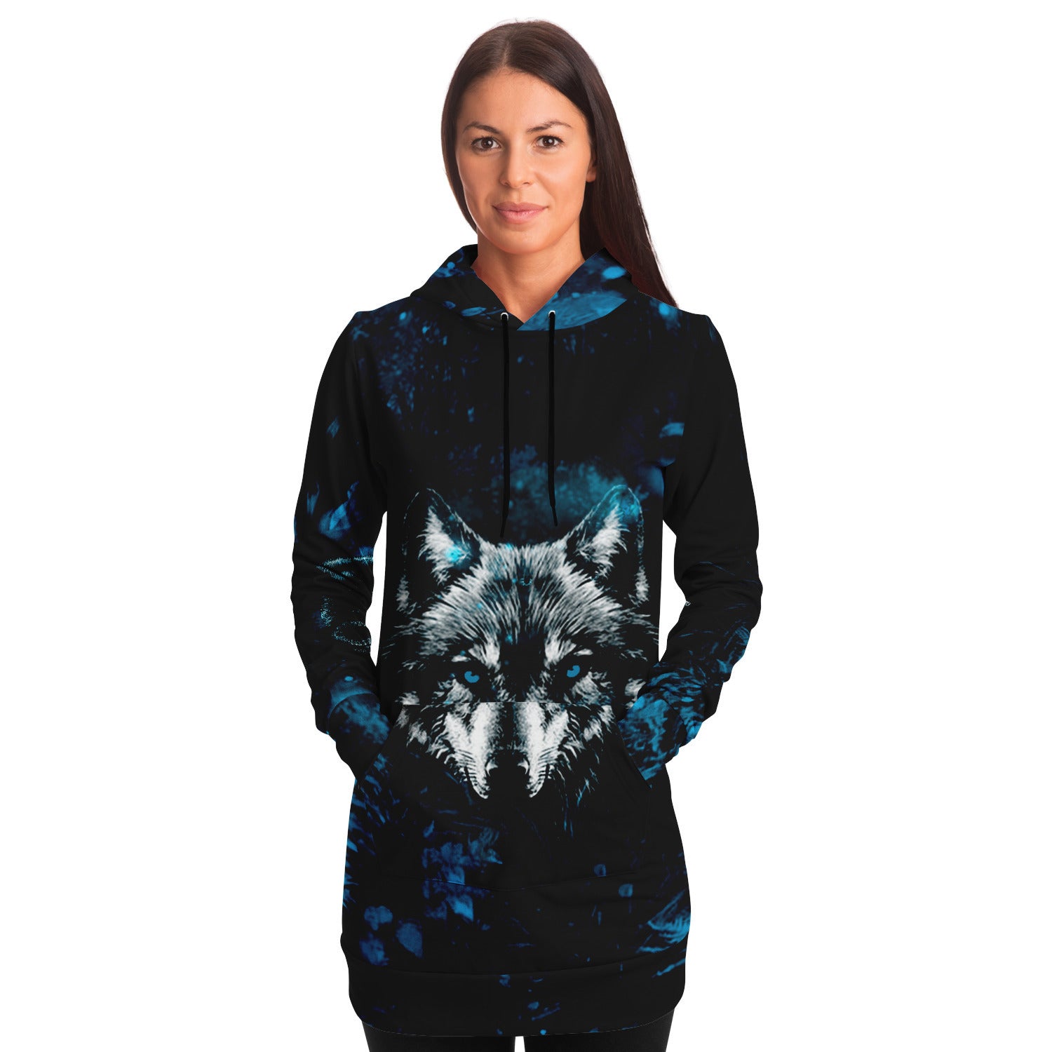 Fashion Blue Wolf Longline Hoodie for WomenSeves-ArtFashion Blue Wolf Longline Hoodie