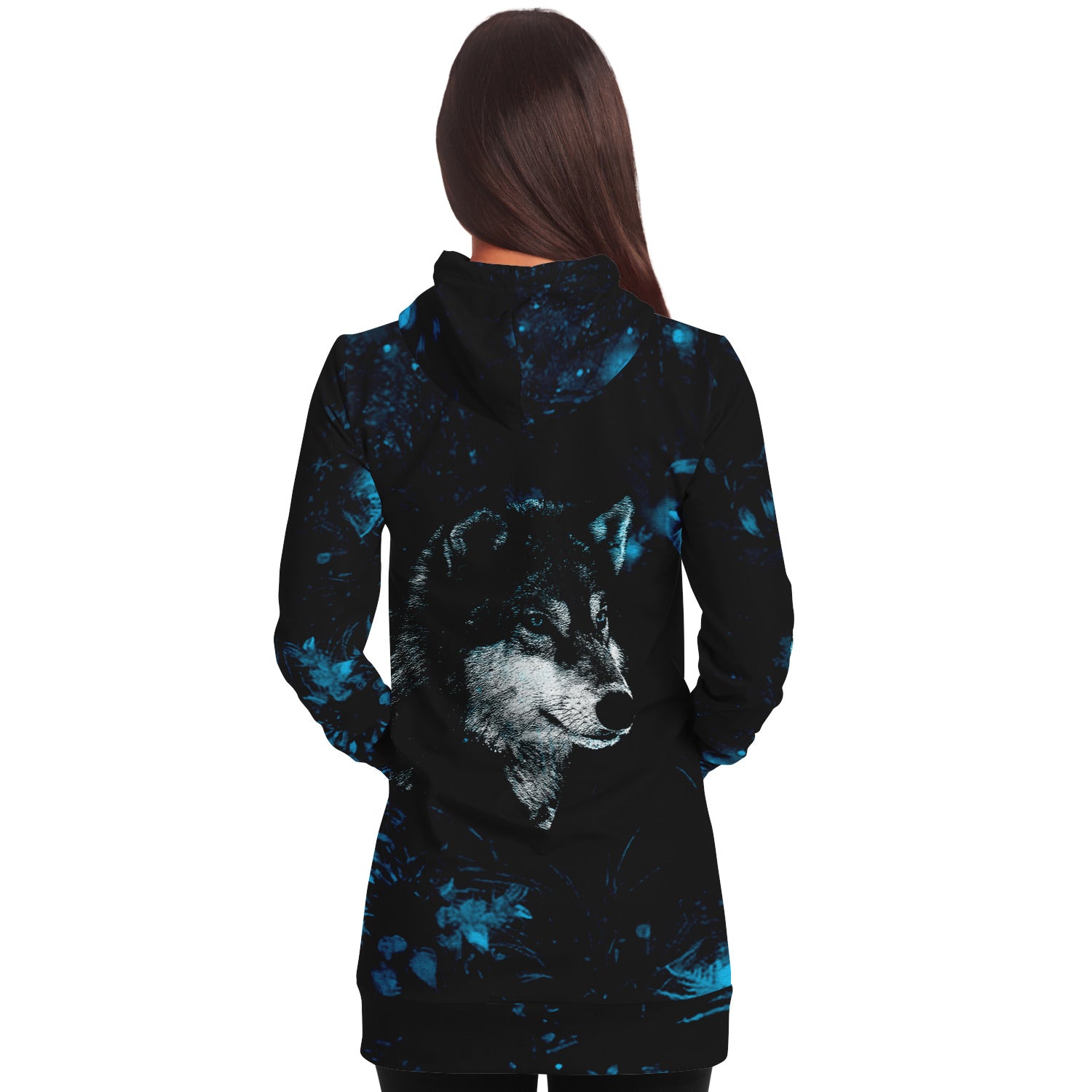 Blue Wolf Longline Hoodie for WomenSeves-ArtBlue Wolf Longline Hoodie