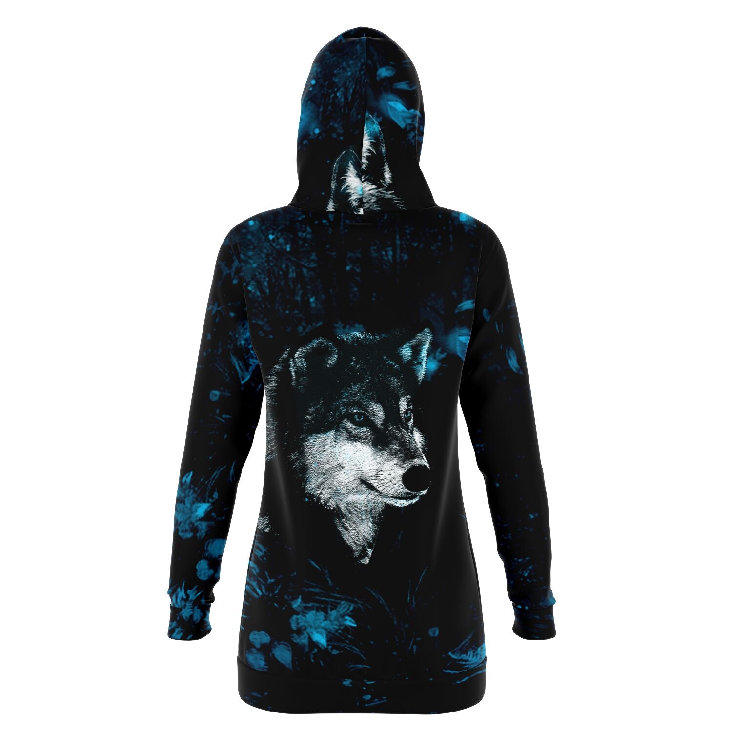 Fashion Blue Wolf Longline Hoodie for WomenSeves-ArtFashion Blue Wolf Longline Hoodie