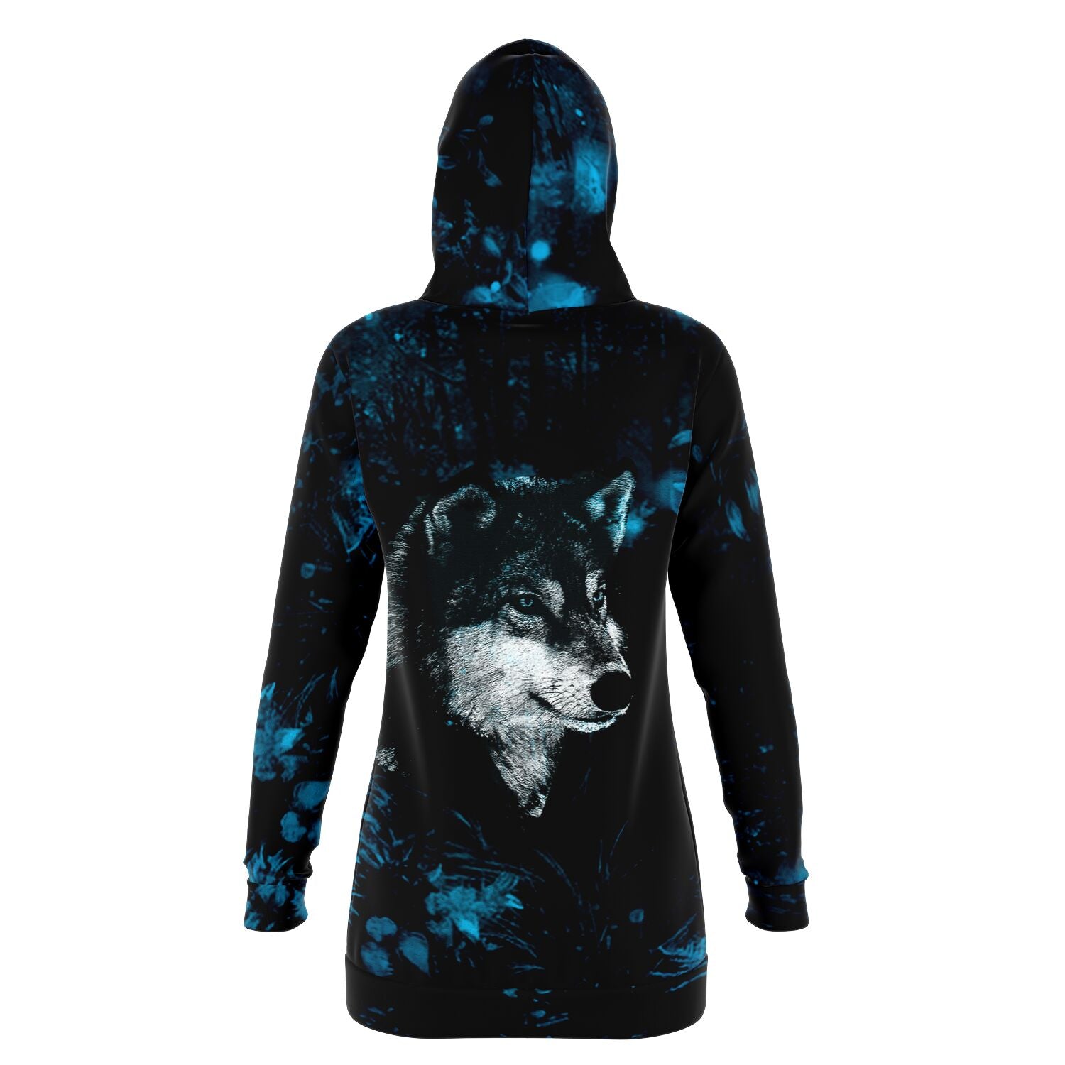 Blue Wolf Longline Hoodie for WomenSeves-ArtBlue Wolf Longline Hoodie