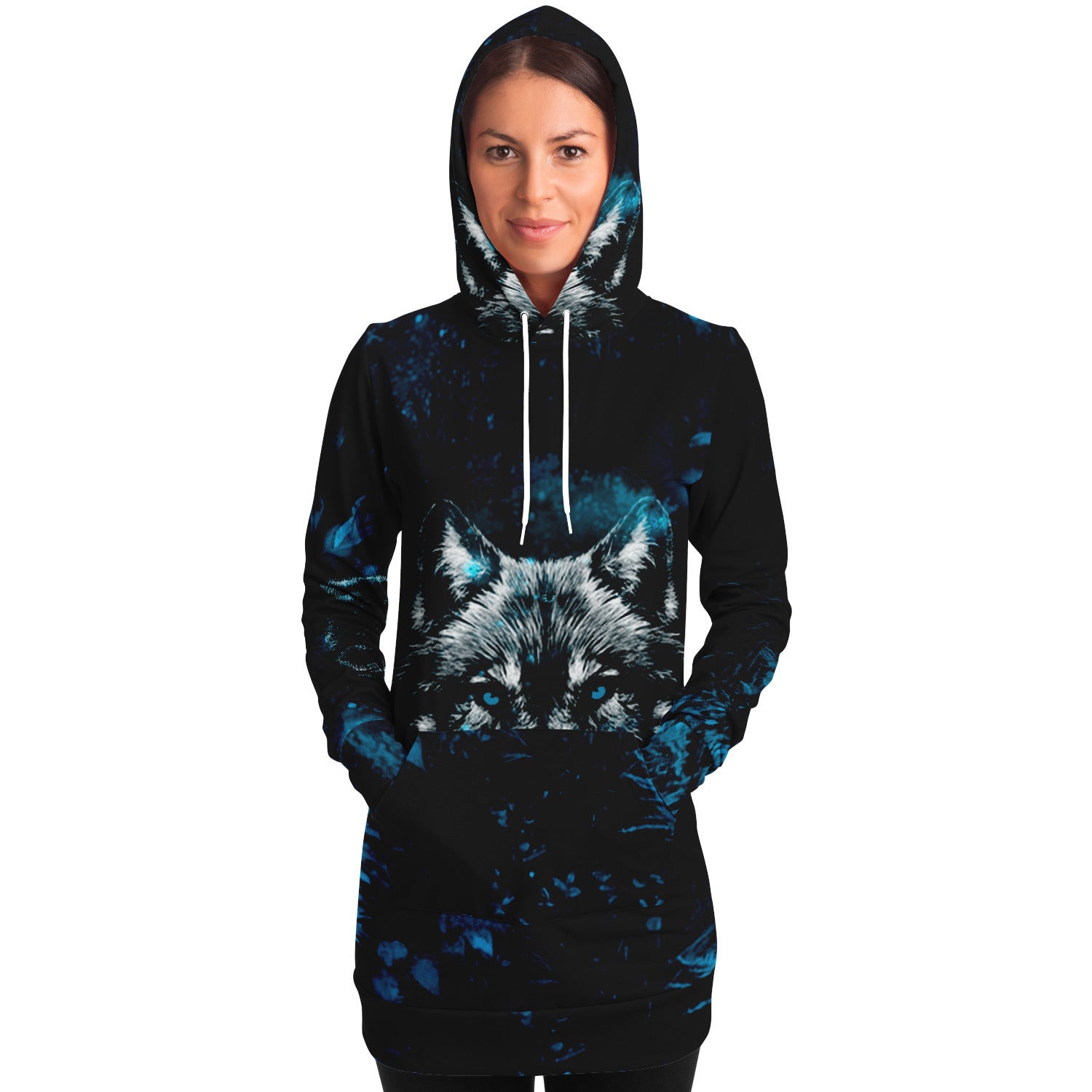 Blue Wolf Longline Hoodie for WomenSeves-ArtBlue Wolf Longline Hoodie