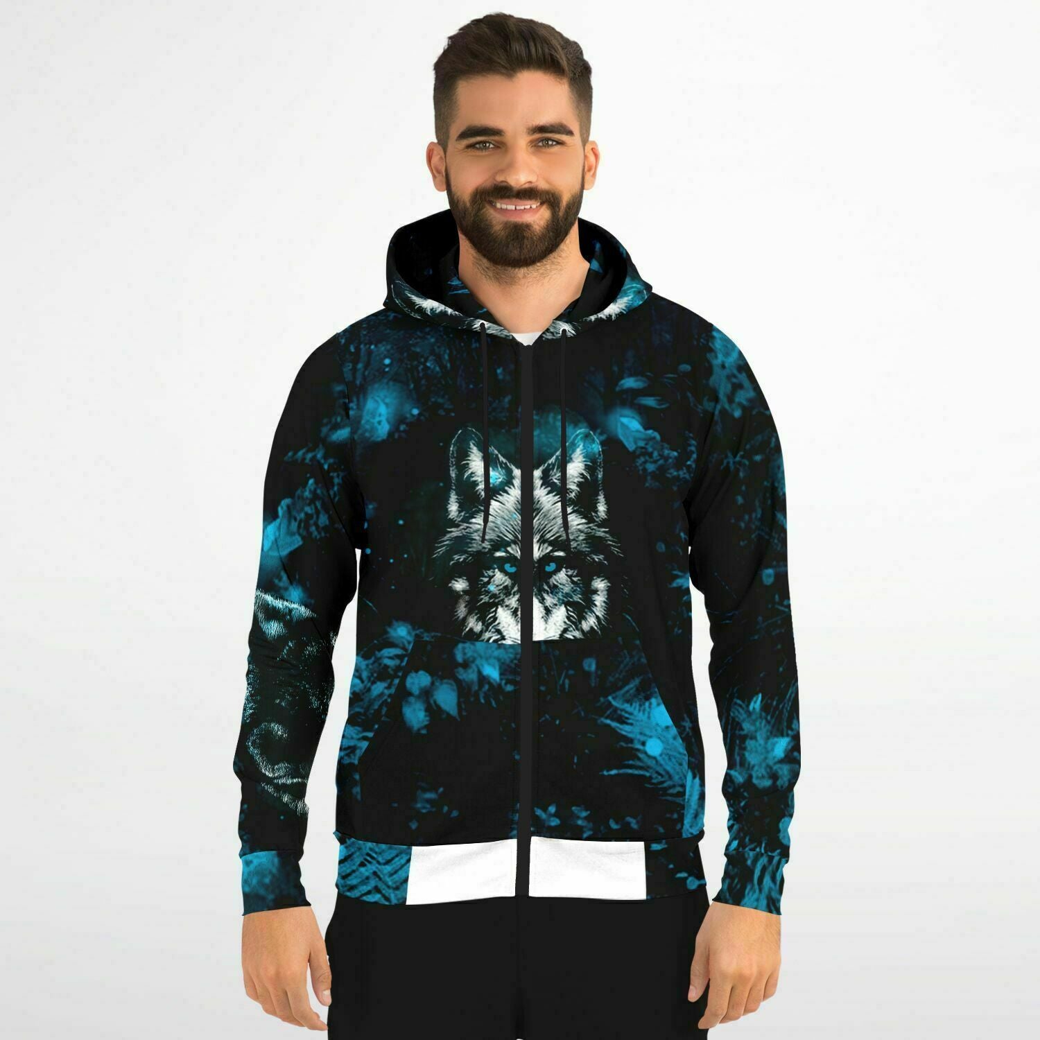 Blue Wolf Zip-Up Hoodie for MenSeves-ArtBlue Wolf Zip-