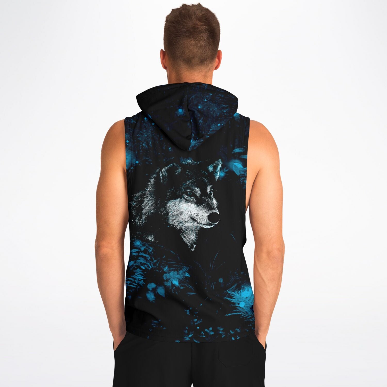 Blue Wolf Drop Armhole Hoodie for MenSeves-ArtBlue Wolf Drop Armhole Hoodie