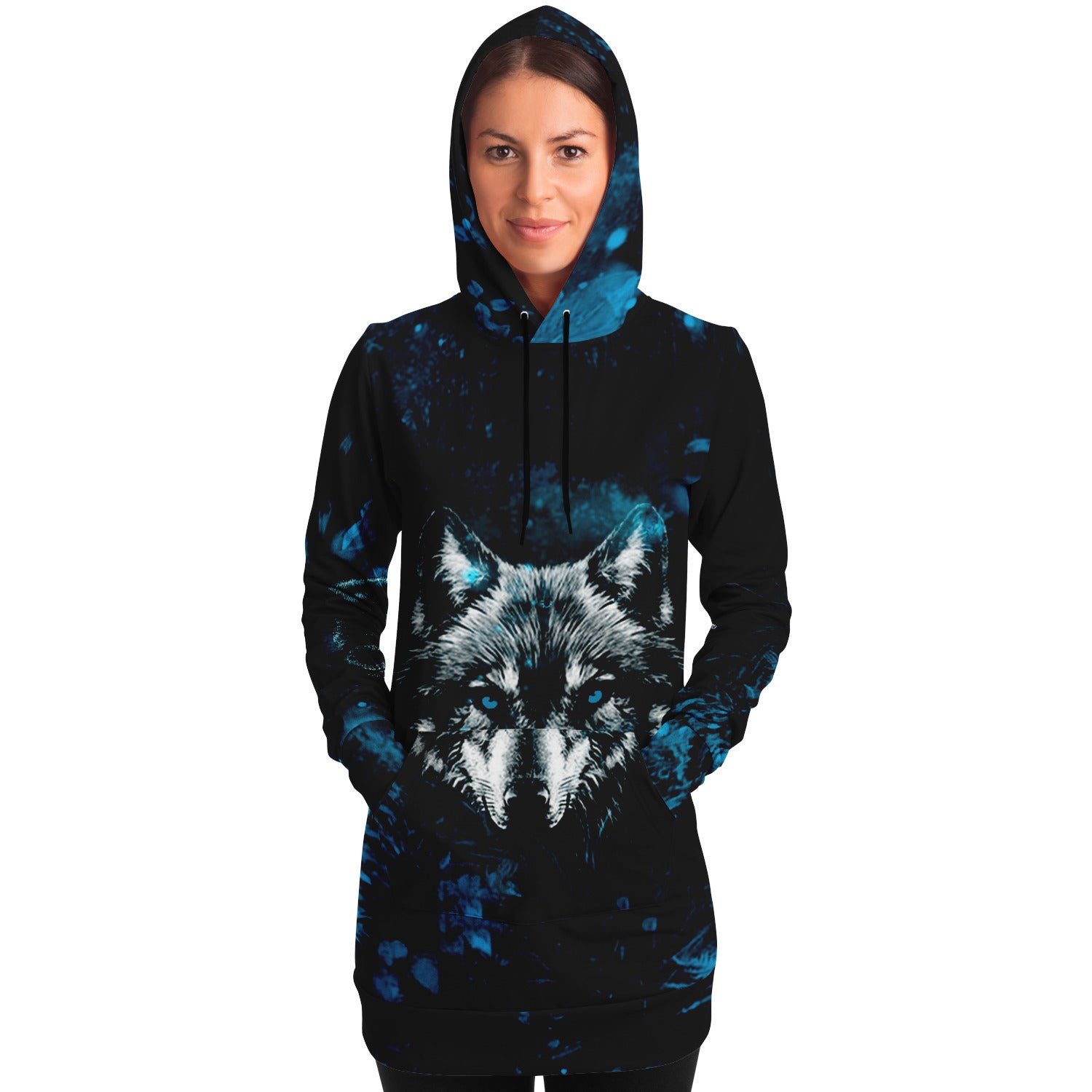 Fashion Blue Wolf Longline Hoodie for WomenSeves-ArtFashion Blue Wolf Longline Hoodie