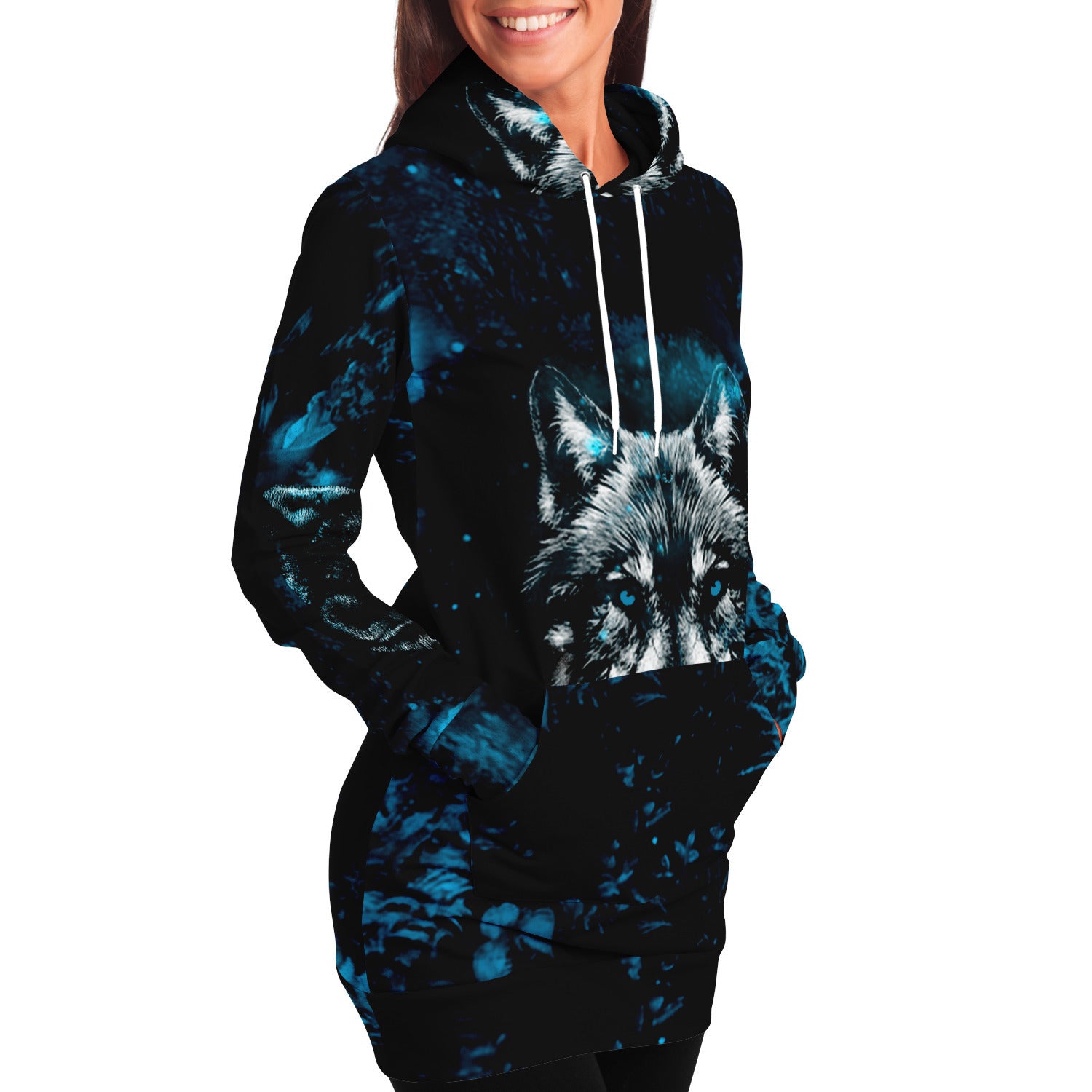 Blue Wolf Longline Hoodie for WomenSeves-ArtBlue Wolf Longline Hoodie