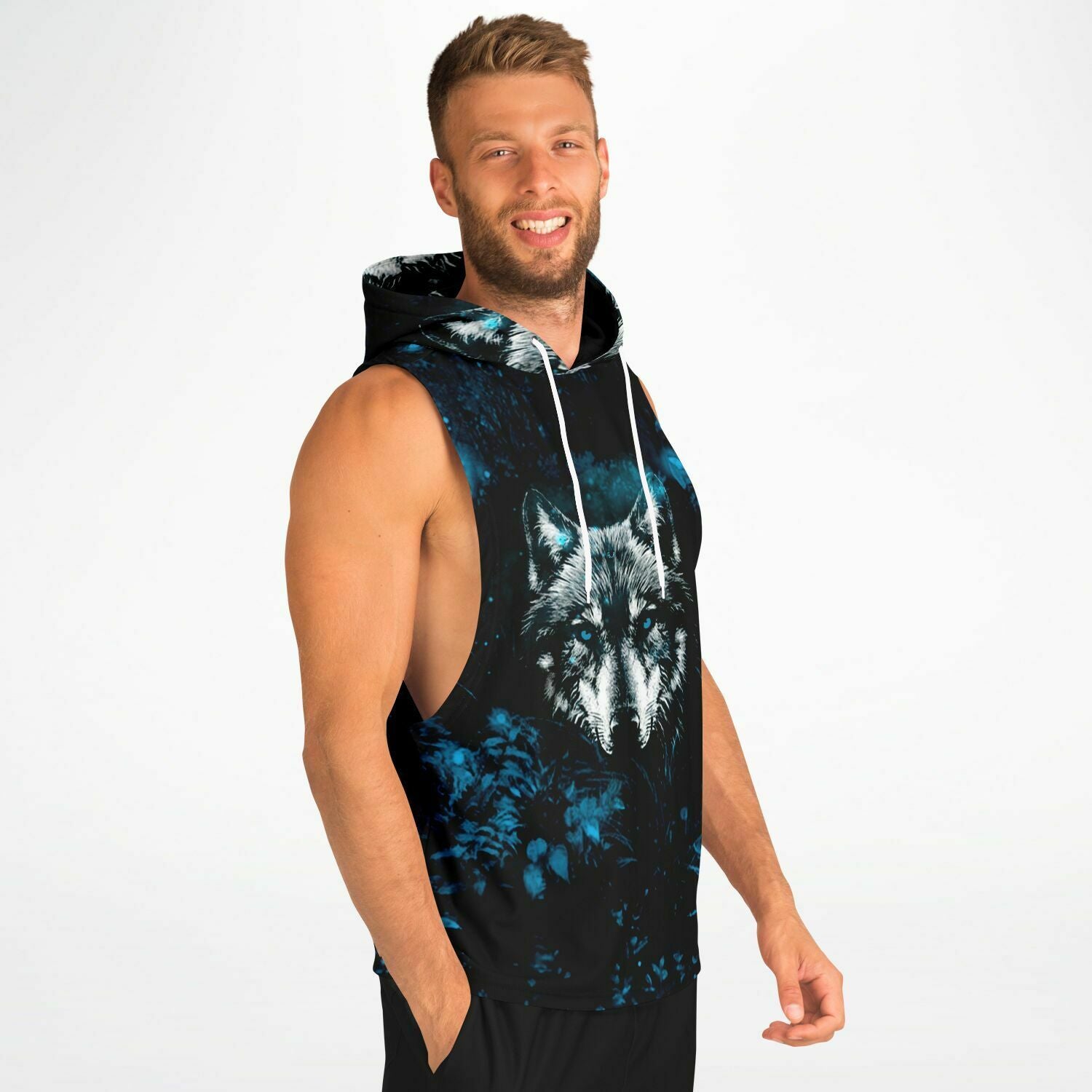 Blue Wolf Drop Armhole Hoodie for MenSeves-ArtBlue Wolf Drop Armhole Hoodie